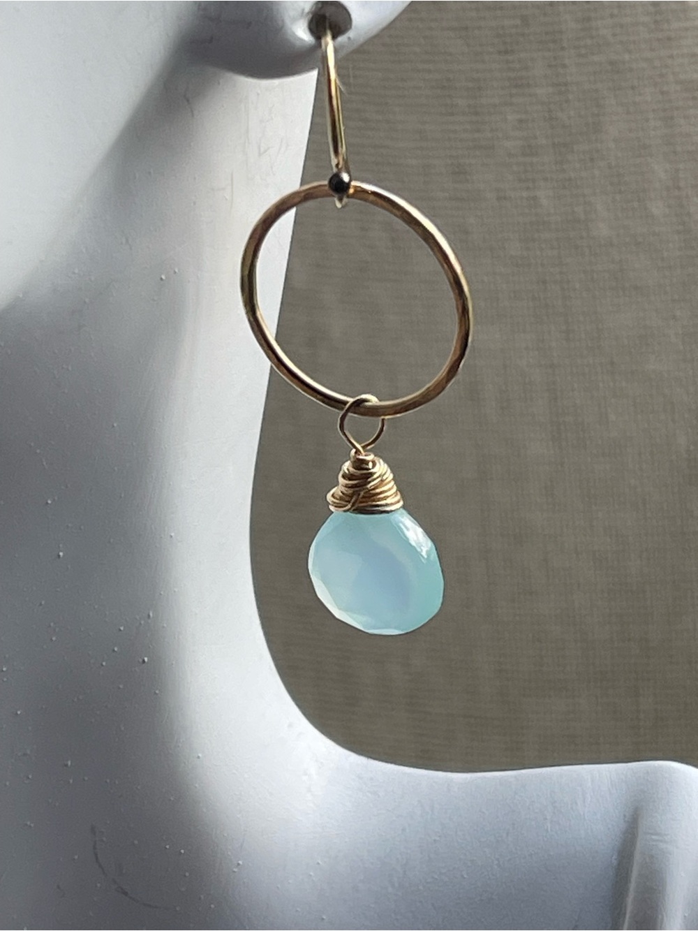 Gold Hoop Earrings with Light Blue Chalcedony Drop